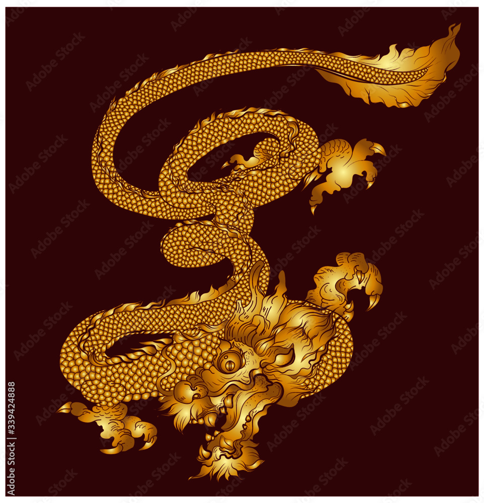 Hand drawn Chinese dragon isolate on red backgroundgold dragon tattoo Japanese style.Gold Dragon raoring. Hand drawn Chinese dragon isolate on red backgroundgold dragon tattoo Japanese style.Gold Dragon raoring.