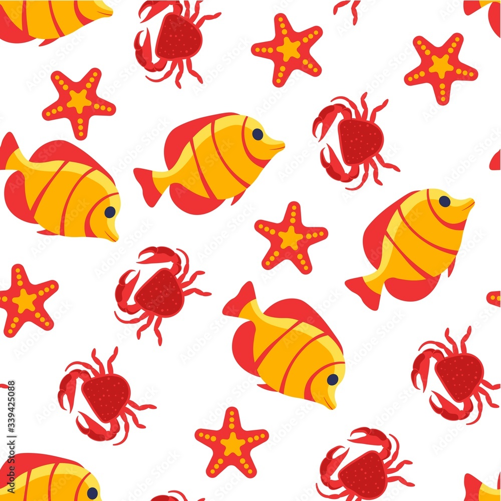 Aquatic creatures, fish and crab, seastar seamless pattern