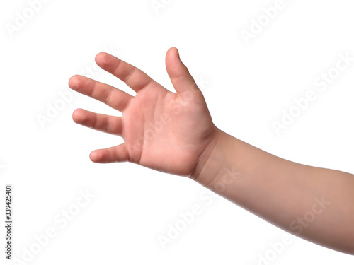 Fotografie Child hand show five. Isolated obgect on white