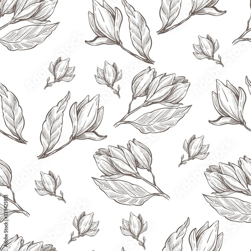 Floral monochrome sketch, buds with petals seamless pattern