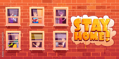 House facade with windows and people act. Stay home lettering on brick wall of apartment building. Vector cartoon illustration with man reading book, woman cleans, neighbors work and use smartphone