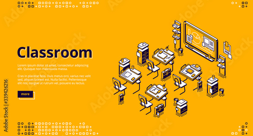 Classroom isometric landing page, school or university class room empty interior with desks and blackboard with diagrams and pie chart. Educational Place with seats and chalkboard 3d vector web banner