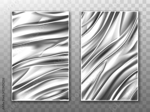 Silver foil crumpled metal texture background, aluminum or steel folded curtain, wrapping paper sheets, wrinkled fabric or plastic shiny material or silk cloth, Realistic 3d vector tinfoil mockup