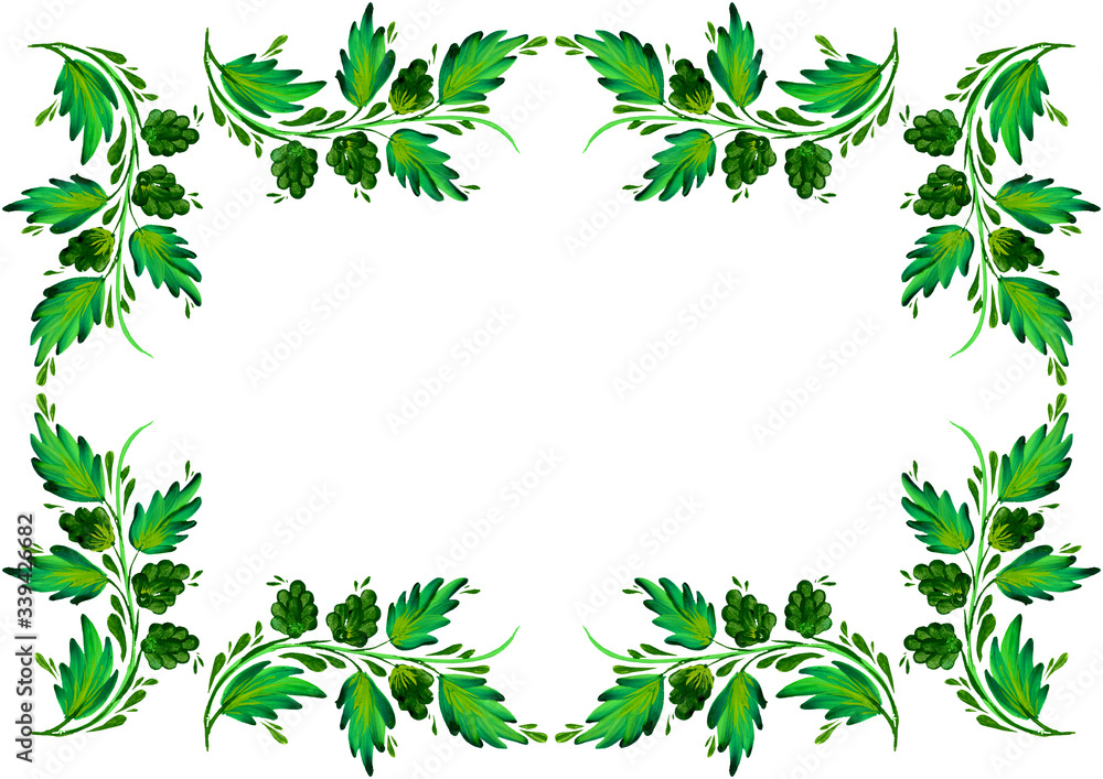 Ornament in a rectangle, Petrikov painting. Flowers of Ukrainian tradition. Design. Frame Ornament in a rectangle, Petrikov painting. Flowers of Ukrainian tradition. Design. Frame