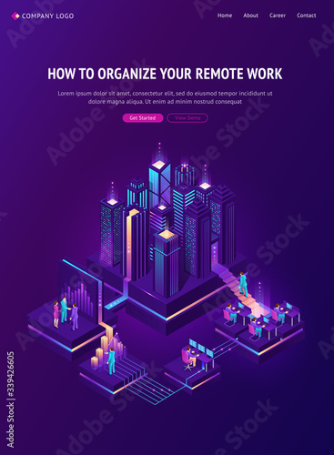 Remote work isometric landing page. Global outsourcing in smart city with people using gadgets and distant technologies for life and business. Futuristic neon smartcity buildings, 3d vector web banner