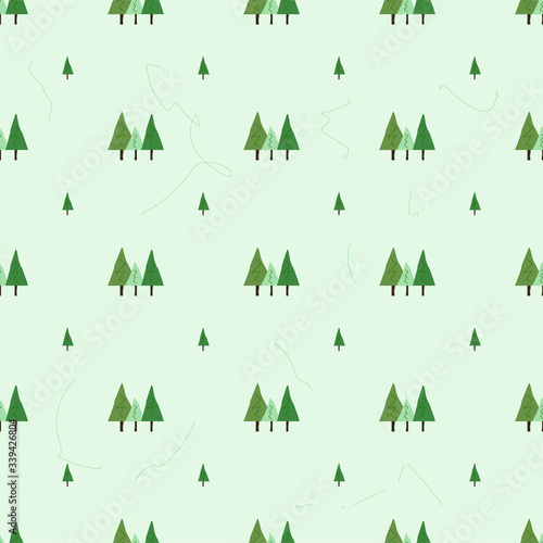 Forest seamless pattern with trees and lines in cartoon style. Seamless pattern can be used for wallpaper, pattern fills, web page background, surface textures. Beautiful natural background