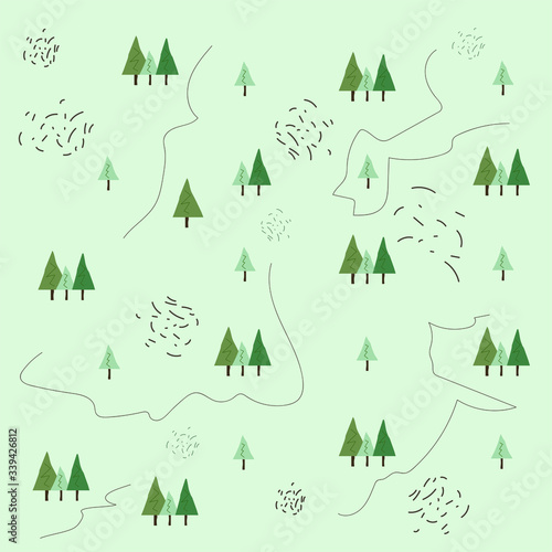 Forest seamless pattern with trees and lines in cartoon style. Seamless pattern can be used for wallpaper, pattern fills, web page background, surface textures. Beautiful natural background