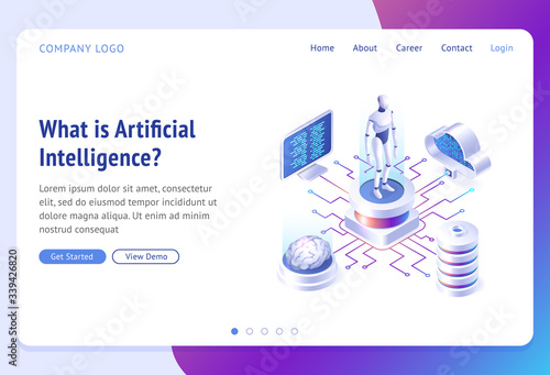 Ai, artificial intelligence isometric landing page. Cyborg surrounded with human brain, laptop, cloud storage and server. Robot innovation, virtual data, futuristic technologies 3d vector web banner