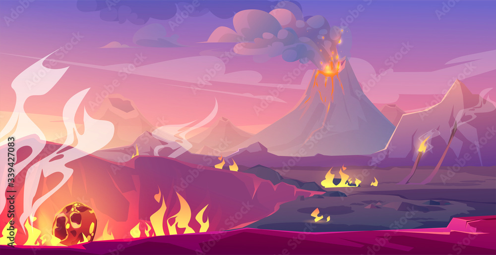 Jurassic period landscape with erupted volcano and fallen meteor. Vector  cartoon illustration of prehistoric Earth surface with meteorite crater,  fire, lava flows and smoke Stock Vector | Adobe Stock