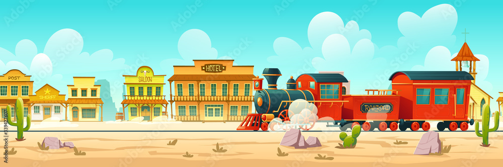 Steam train in western town. Wild west desert landscape with cactuses, railroad and old wooden buildings. Vector cartoon illustration of wild west city and vintage locomotive