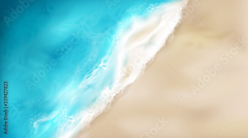 Top view of sea wave with foam splashing on beach with sand. Blue ocean foamy water splash on coastline background. Nature surface at summer day, nautical seascape, Realistic 3d vector illustration