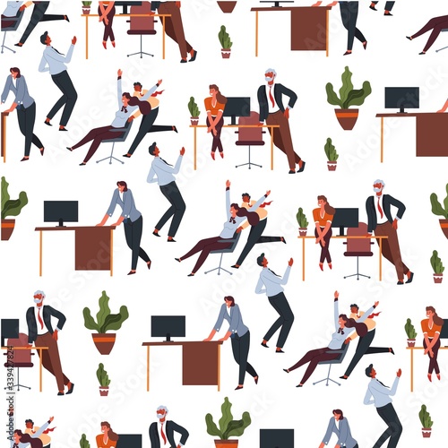 Office workers going crazy on coffee break seamless pattern