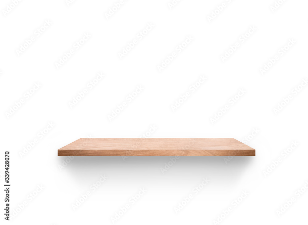 Empty wooden shelf isolated on white background for design with clipping path Empty wooden shelf isolated on white background for design with clipping path