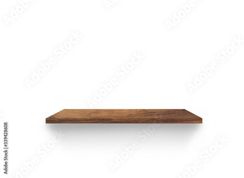 Empty wooden shelf isolated on white background for design with clipping path
