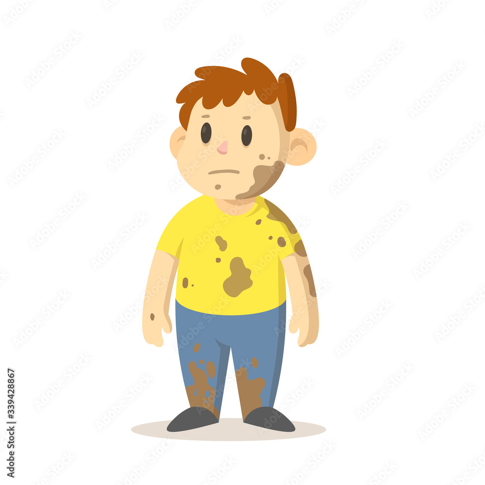Boy covered in mud standing straight, cartoon character design. Colorful flat vector illustration, isolated on white background.