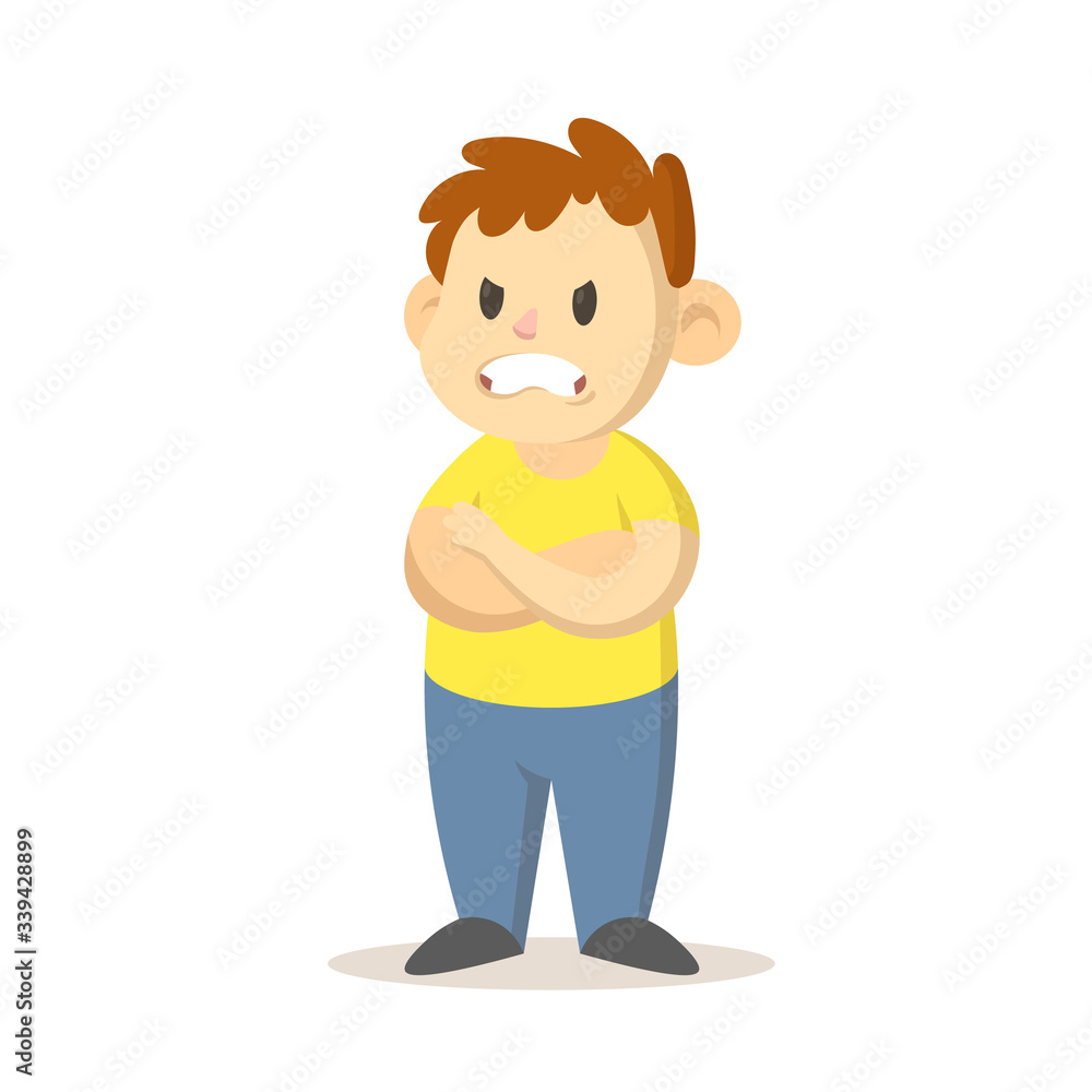 Angry boy standing with his arms crossed, cartoon character design. Colorful flat vector illustration, isolated on white background.
