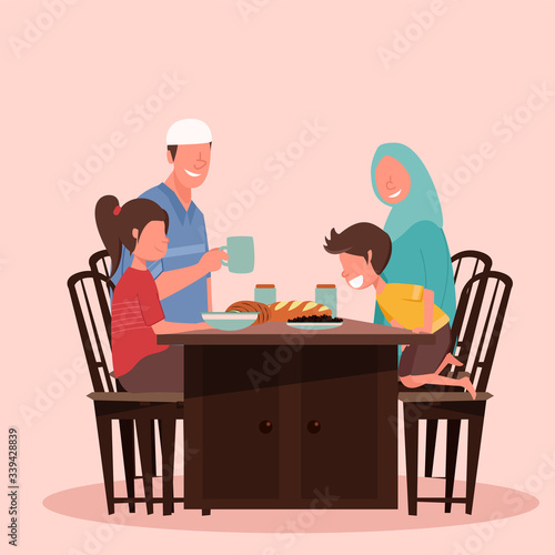 Happy Suhoor and Iftar Moslem Family During Ramadan Month Vector Illustration, Pre Dawn Meal in Ramadhan, Moslem Family eat Halal Food, Ramadhan Kareem and Eid Mubarak