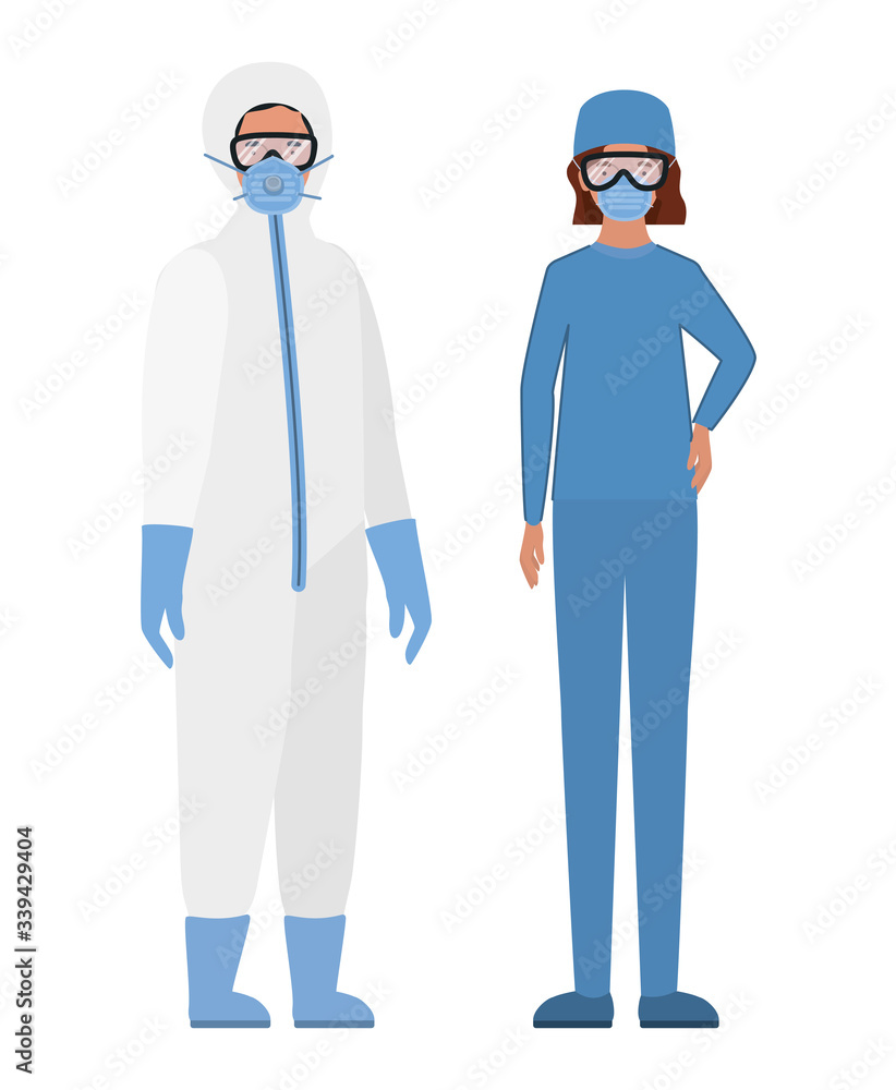 Doctors with protective suits glasses and masks against Covid 19 vector design Doctors with protective suits glasses and masks against Covid 19 vector design