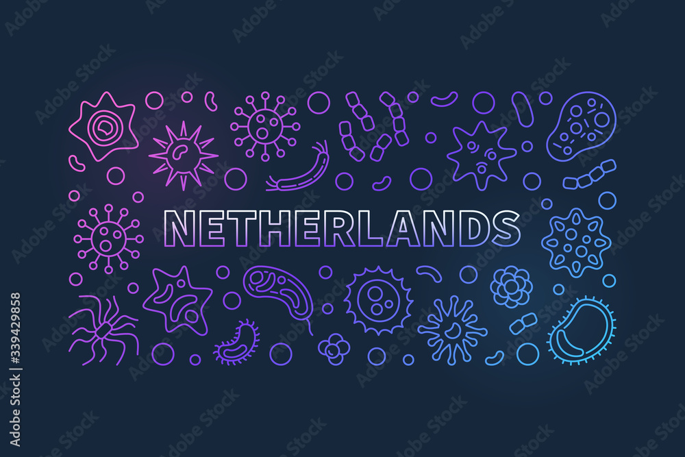 Coronavirus in Netherlands vector concept colorful thin line horizontal illustration on dark background