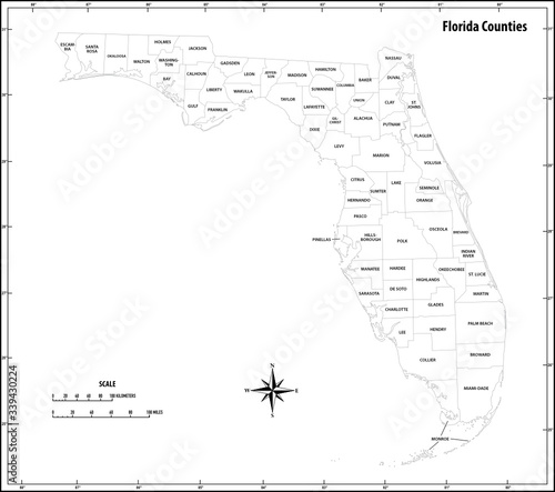 florida state outline administrative and political map in black and white