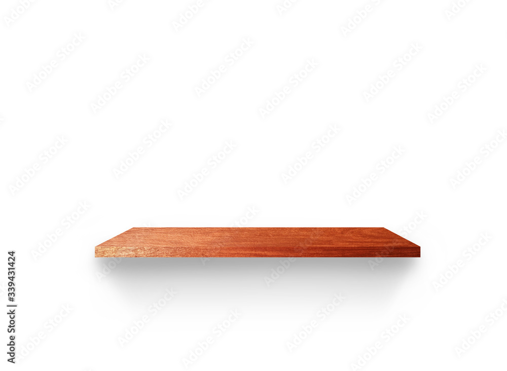 Front view of wooden shelf isolated on white background with clipping path for your product placement or montage Front view of wooden shelf isolated on white background with clipping path for your product placement or montage