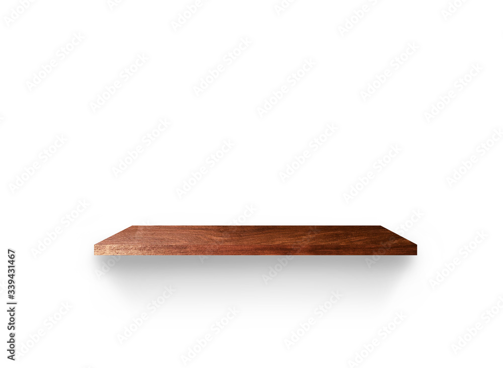 Front view of wooden shelf isolated on white background with clipping path for your product placement or montage Front view of wooden shelf isolated on white background with clipping path for your product placement or montage