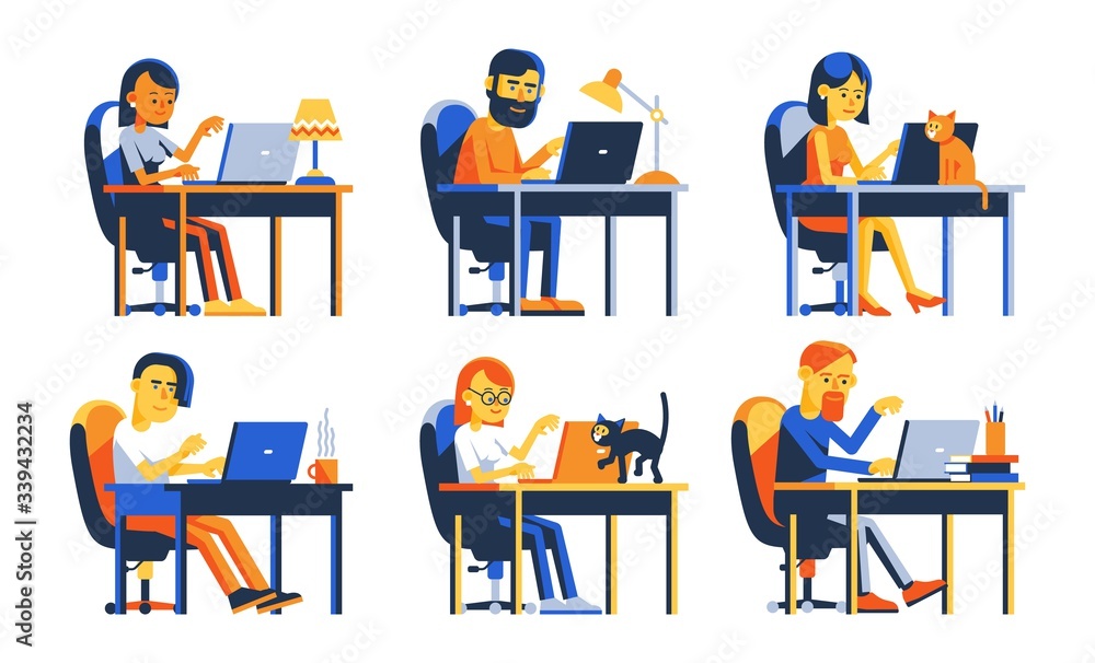 Men and women work with laptop remotely. People characters with computer. Isolated Vector flat illustration.