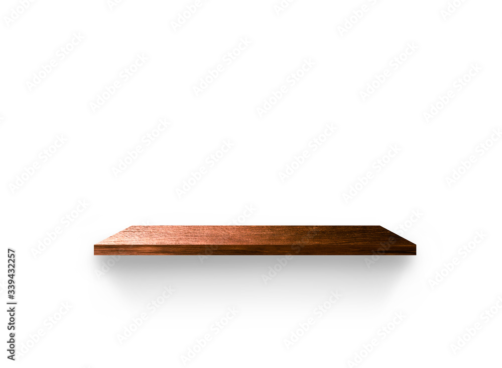 Light wooden shelves isolated on white background with clipping path for your product placement or montage