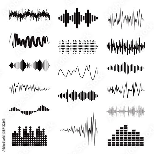 Big black sound wave collection. Set of isolated audio logos, design symbols. Vector equalizer elements. Pulse music players