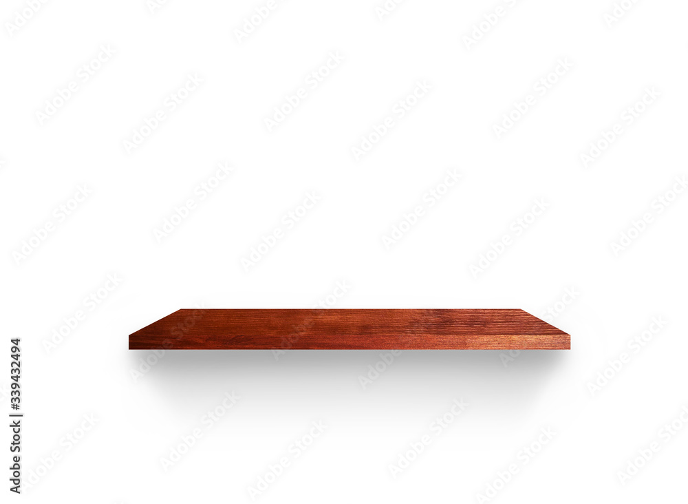 Light wooden shelves isolated on white background with clipping path for your product placement or montage