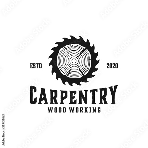 Woodwork logos. Vector badges for carpentry, sawmill, lumberjack service or woodwork shop