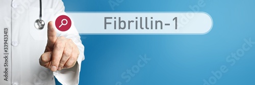 Fibrillin-1. Doctor in smock points with his finger to a search box. The term Fibrillin-1 is in focus. Symbol for illness, health, medicine photo