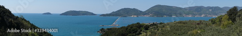 Panoramic photograph of the Ligurian sea in the Covid-19 coronavirus period. Gulf of La Spezia deserted without ships or boats.