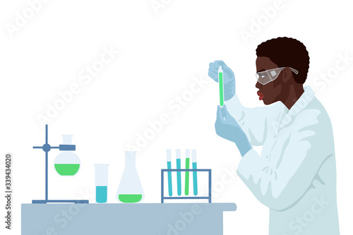 African woman scientist analyzes results in the chemistry laboratory. Process of vaccine research. Flat hand drawn illustration on white background.