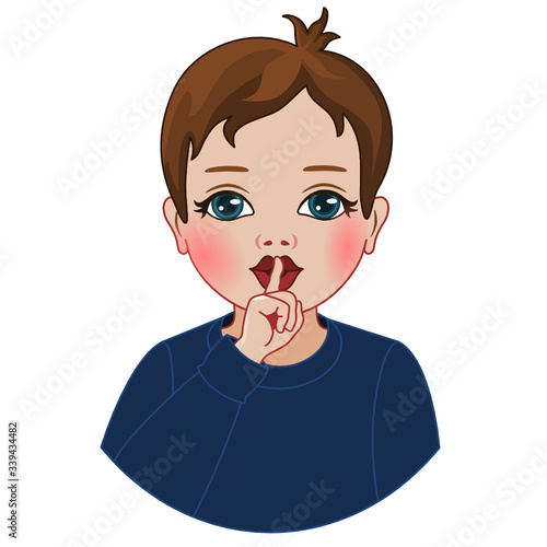 brunette boy dressed in a blue sweater with character shushing "Shhh" to politely tell people to shut up & be quiet to keep silence, kid using finger on mouth gesture to stop people talking