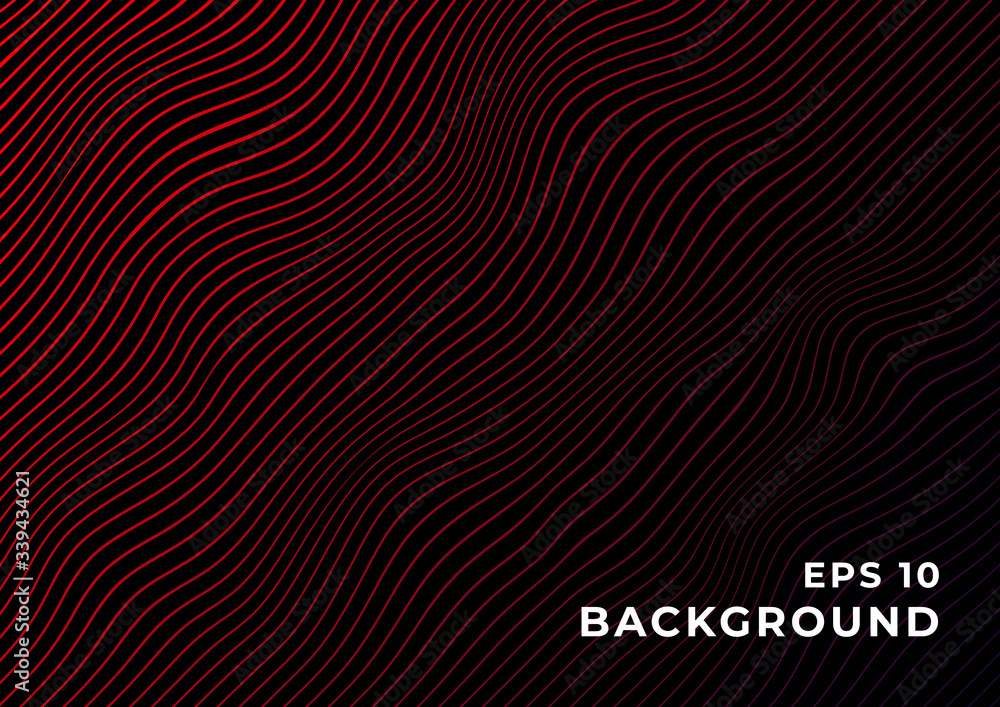 Black background with wavy red gradient lines. Design for banner, wallpaper, website and other graphics. Eps 10.