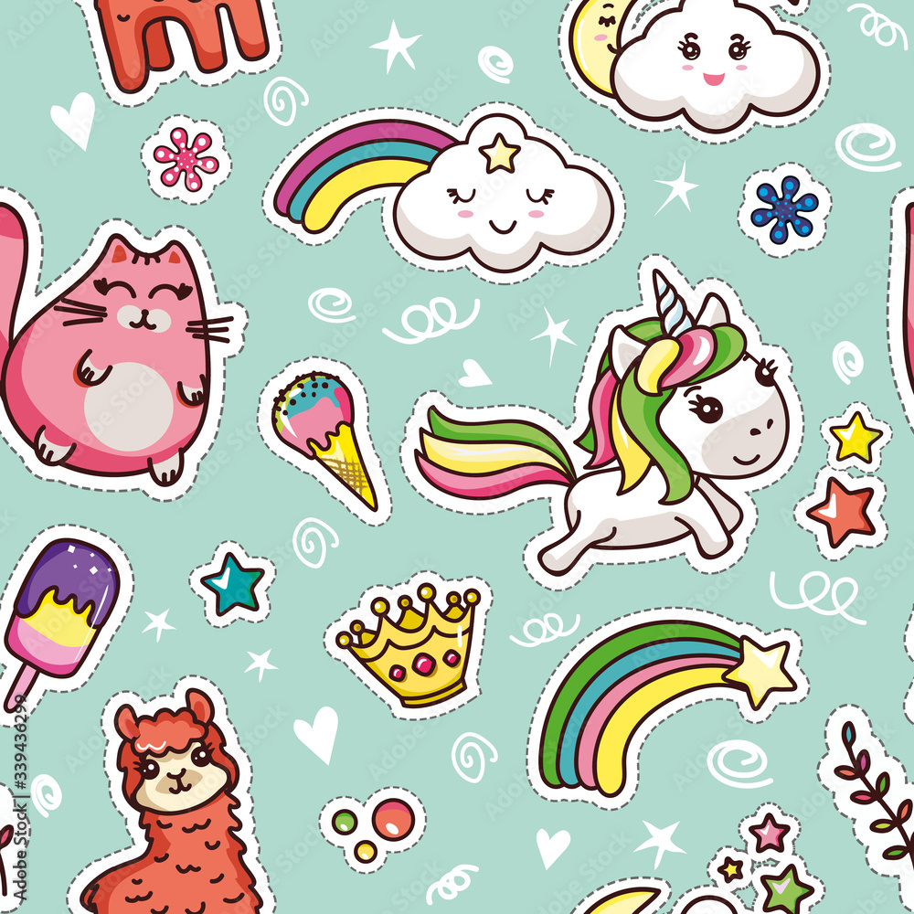 Cute Kawai Seamless Pattern on Blue Background. Sweet Colorful Cat, Alpaca, Unicorn, Ice cream, Crown, Star, Cloud and Rainbow. Modern Comic Design Wallpaper. Flat Cartoon Vector Illustration Cute Kawai Seamless Pattern on Blue Background. Sweet Colorful Cat, Alpaca, Unicorn, Ice cream, Crown, Star, Cloud and Rainbow. Modern Comic Design Wallpaper. Flat Cartoon Vector Illustration