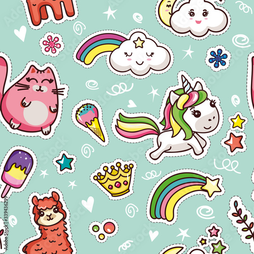 Cute Kawai Seamless Pattern on Blue Background. Sweet Colorful Cat, Alpaca, Unicorn, Ice cream, Crown, Star, Cloud and Rainbow. Modern Comic Design Wallpaper. Flat Cartoon Vector Illustration