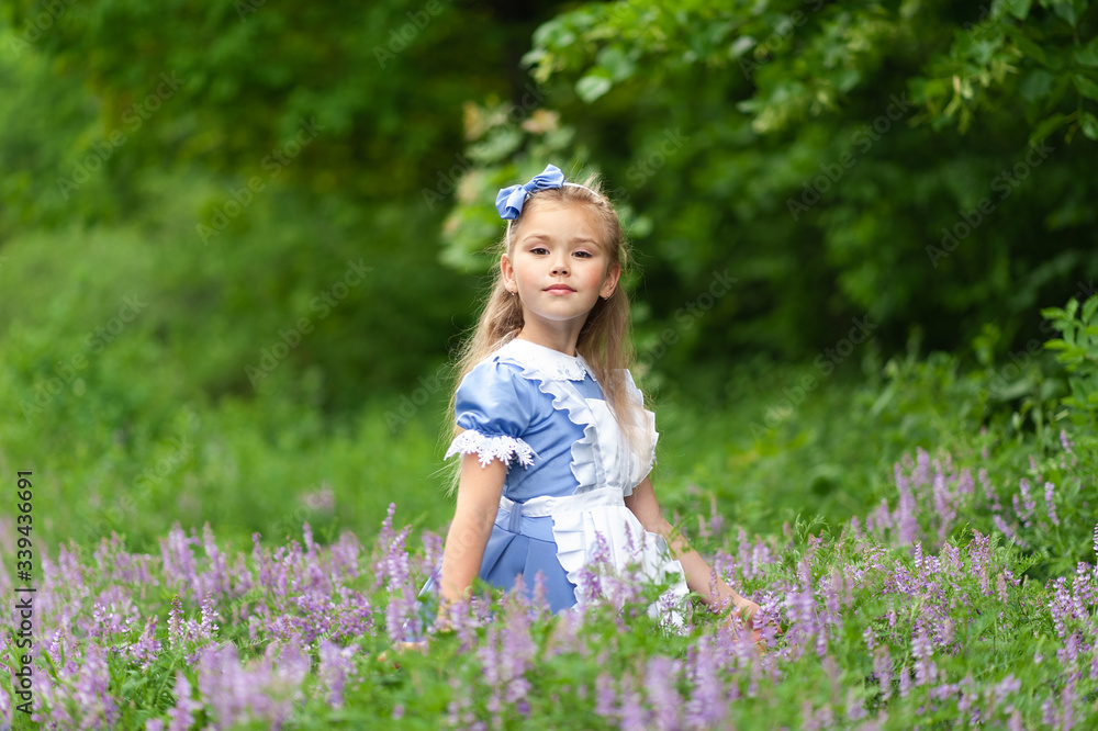 Portrait of a little cute girl dressed as Alice. Stylized photo shoot in nature. Portrait of a little cute girl dressed as Alice. Stylized photo shoot in nature.
