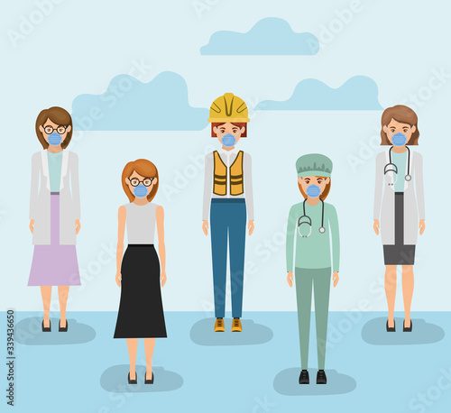 Women workers with masks against 2019 ncov virus vector design