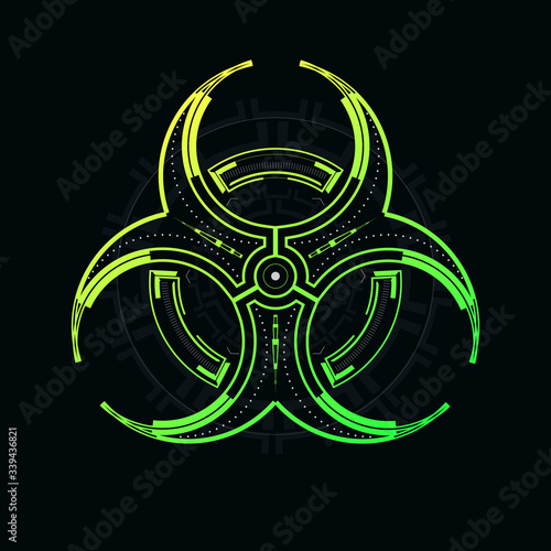 Futuristic biohazard sign on a dark background.