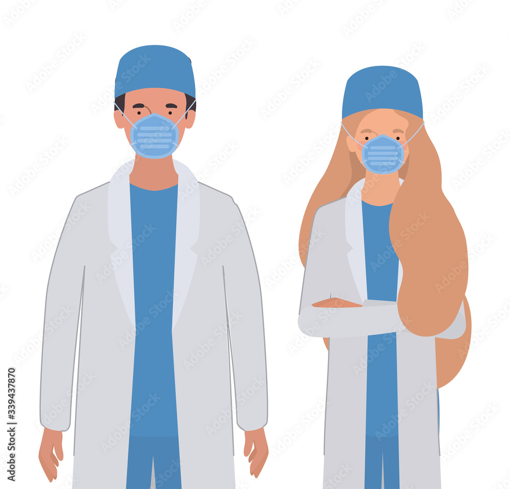 Man and woman doctor with uniforms and masks vector design Man and woman doctor with uniforms and masks vector design