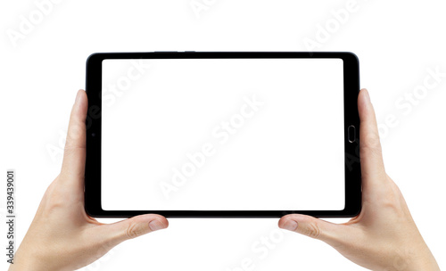 Tablet computer with blank screen in hands, isolated on white background