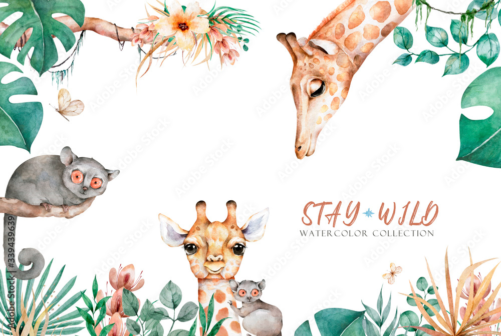 Hand drawn watercolor illustration of cute giraffe and tropical leaves horizontal banner background. Jungle frame