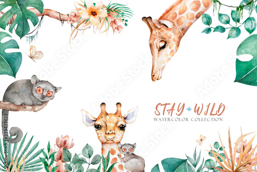 Canvas Print Hand drawn watercolor illustration of cute giraffe and tropical leaves horizontal banner background