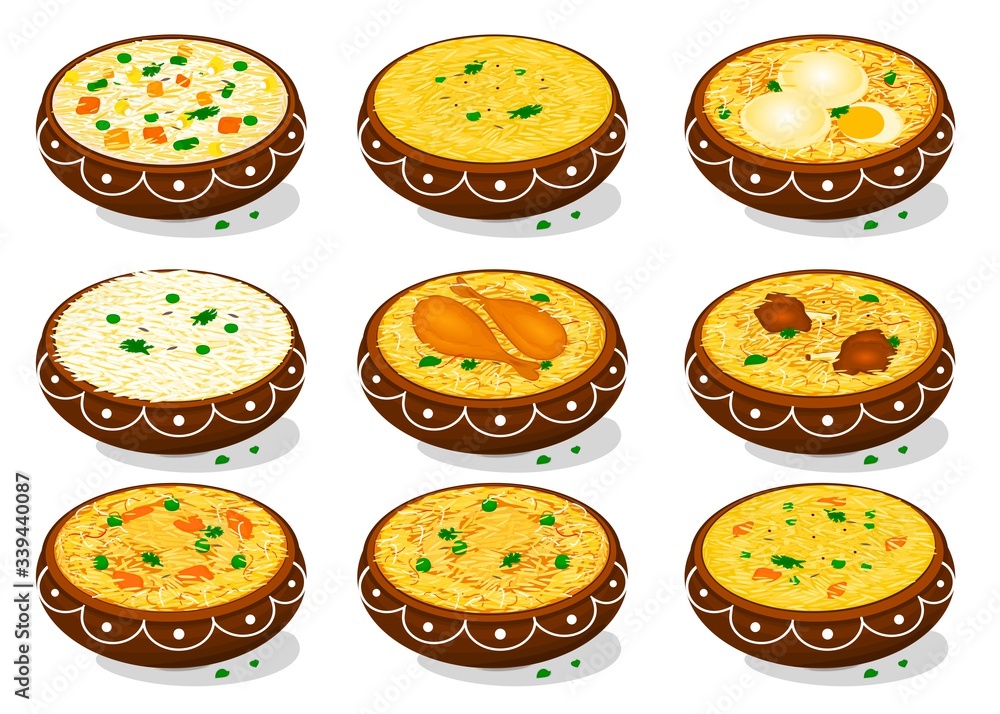 Obraz premium All Rice Dish Like Chicken,egg,Mutton Biryani,Khichdi,Pulao,Fried rice,Veg Biryani Food Vector