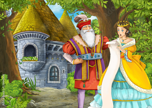 Cartoon nature scene with beautiful castle - kids illustration