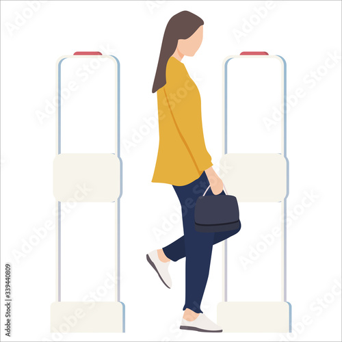 Woman goes through anti-theft sensor gates. Security system detect barcode and notify. Vector, illustration.