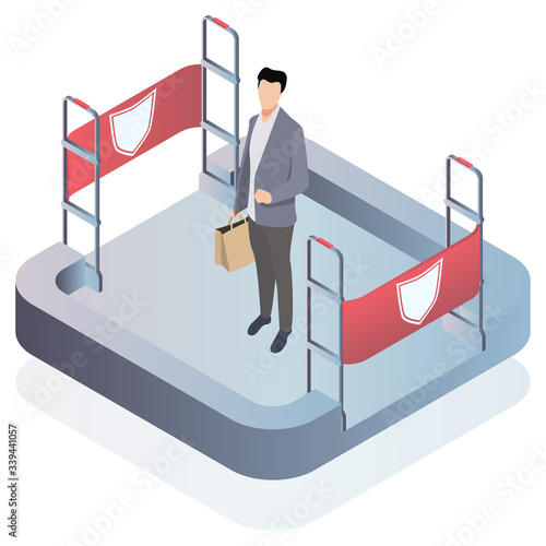 Isometric vector. Preventing shoplifting scanner gate system on all sides. Anti-theft sensor gates with. Security system detect barcode and notify.