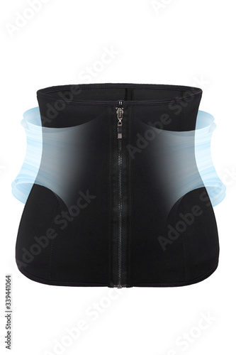 Subject shot of a black corset with a zipper fastener. The schematic drawings of air flow on each side of the corset are showing a figure shaping possibility of the underwear.